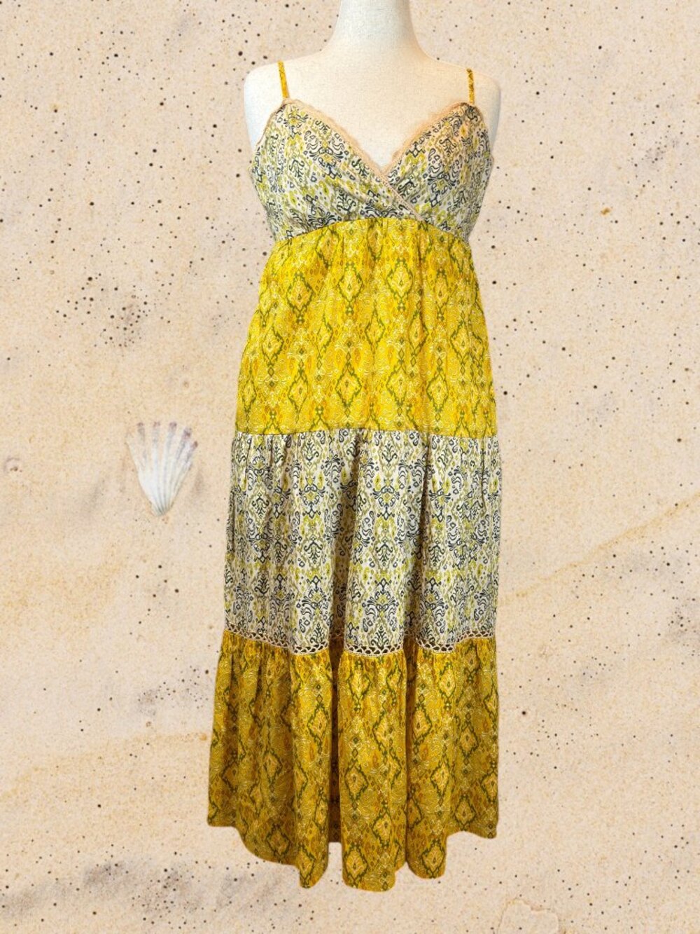 Francesca's Boho Babydoll Tiered Maxi Dress Size M Tie Back Crochet Inset Lace